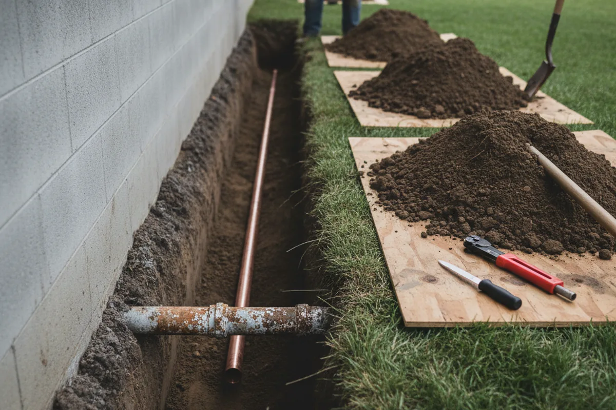 Excavated water line trench during Water Softener Installation in Harold